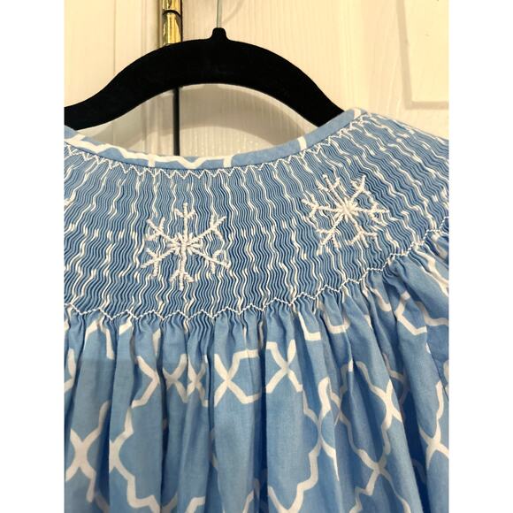 Girl's "Smocked PolkaDot" Blue Embroidered Snowflake Quatrefoil Print Dress - Picture 4 of 9
